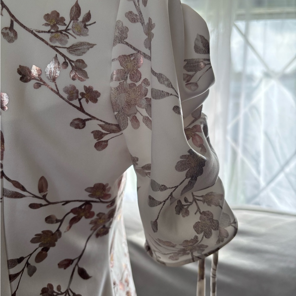 Shelby & Palmer Sheath Dress Women's Size 10 Ruched Sleeve Floral Ivory Stretch - Picture 7 of 16